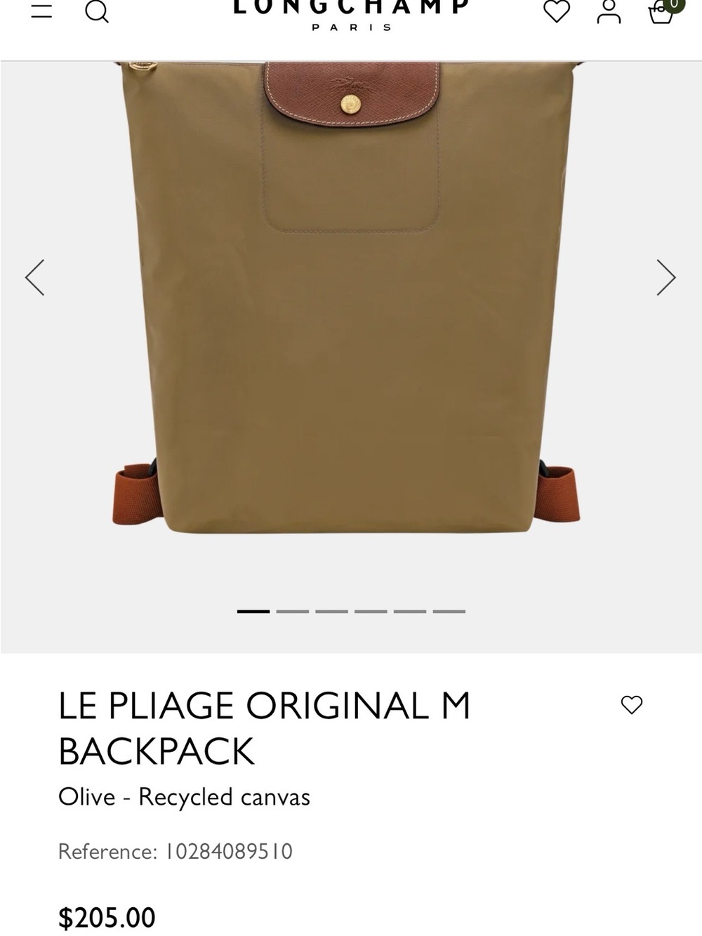 Longchamp Olive Canvas Backpack with Brown Leather Trim and Gold Snap